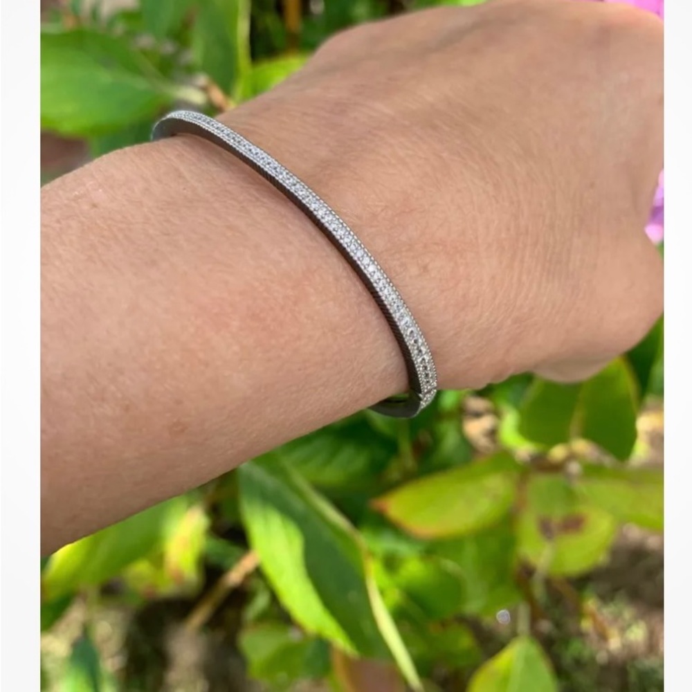 Freida Rothman Crystal Sterling Silver Rhodium Hinged Bangle - NEW comes in bag